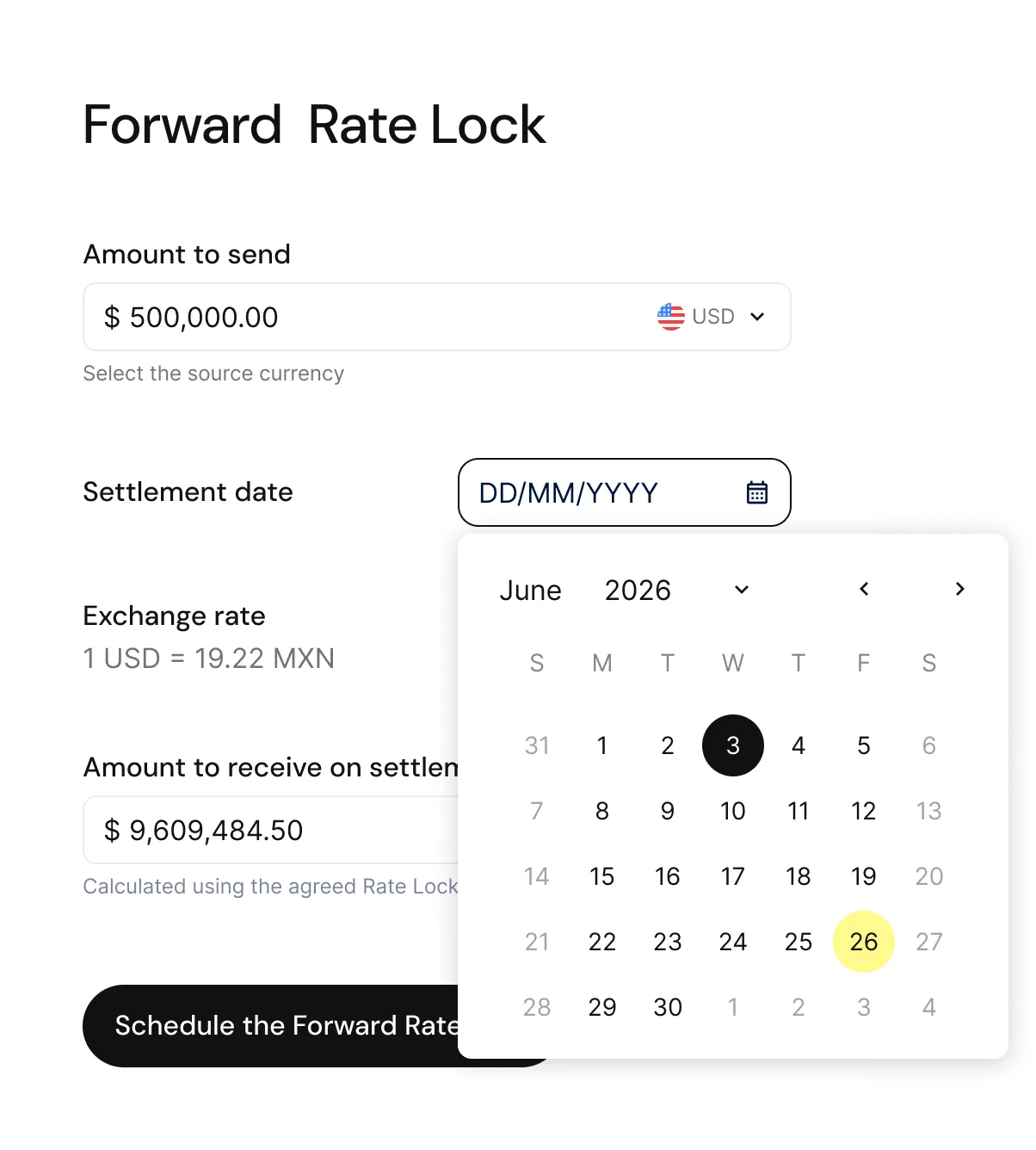 Forward Rate Lock form on the EFEX platform with amount to send, settlement date and exchange rate